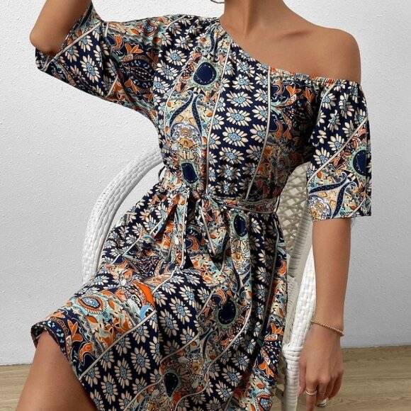 allover Print Asymmetrical Neck Belted Dress - Picture 1 of 5